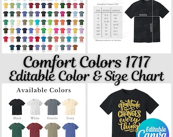 Comfort Colors 1717 Färgkarta och storlekstabell, Redigerbar Canva-mall, 1717 Färgkarta, 1717 Storlekstabell, Comfort Colors 1717-paket
