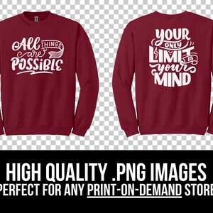 Może przedstawiać: Czerwona bluza z białym nadrukiem. Prz&oacute;d bluzy zawiera napis "All things are possible". Tył bluzy zawiera napis "Your only limit is your mind".