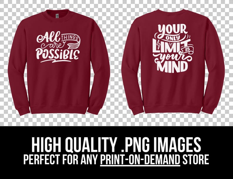 Może przedstawiać: Czerwona bluza z białym nadrukiem. Prz&oacute;d bluzy zawiera napis "All things are possible". Tył bluzy zawiera napis "Your only limit is your mind".
