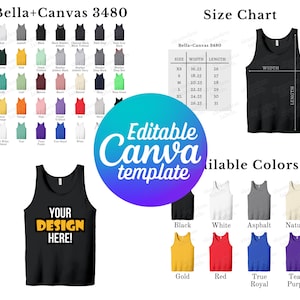 Tabla de colores y tabla de tallas Bella Canvas 3480 editables, plantilla Canva, plantilla de tabla de colores BC3480, tabla de tallas 3480, paquete de maquetas