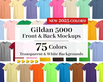 Peut inclure: Une maquette de 75 t-shirts Gildan 5000 de couleurs différentes, avec des vues avant et arrière. Les t-shirts sont affichés sur un fond blanc. Le texte "NOUVELLES COULEURS 2025 !" est affiché en rouge en haut de l'image. Le texte "Gildan 5000 Maquettes avant et arrière" est affiché en noir sous les t-shirts. Le texte "75 Couleurs" est affiché en noir sous le texte "Gildan 5000 Maquettes avant et arrière". Le texte "Fonds transparents et blancs" est affiché en noir sous le texte "75 Couleurs".