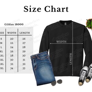 May include: Size chart for Gildan 18000 sweatshirts, showing width and length measurements in inches for sizes S through 5XL.
