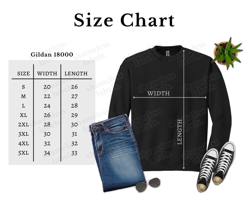 May include: Size chart for Gildan 18000 sweatshirts, showing width and length measurements in inches for sizes S through 5XL.