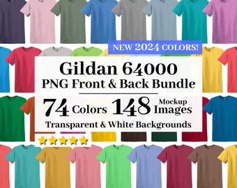 Ensemble de maquettes PNG Gildan 64000, transparent + arrière-plans blancs, 74 couleurs haute résolution, maquettes de t-shirts G640