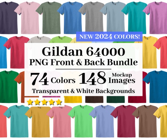 Gildan 64000 PNG Mockup Bundle, Transparent + White Backgrounds, All 74 Colors High Resolution, T-shirt Mockups G640