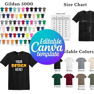 Gildan 5000 Color Chart & Size Chart, Editable Canva Template, Gildan 5000 Size Chart, Gildan G500 Mockup, Gildan Color Chart