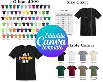 Gildan 5000 Color Chart & Size Chart, Editable Canva Template, Gildan 5000 Size Chart, Gildan G500 Mockup, Gildan Color Chart