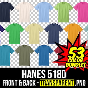 May include: A set of 53 Hanes 5180 t-shirts in various colors. The t-shirts are shown in a front and back view, with a transparent background. The image includes the text "53 Color Bundle!"