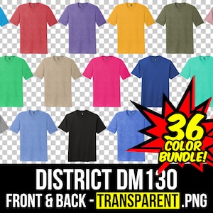 May include: 36 colour bundle of blank t-shirts, front and back, in a variety of colours, including blue, green, red, orange, purple, and grey. District DM130 - Transparent .PNG