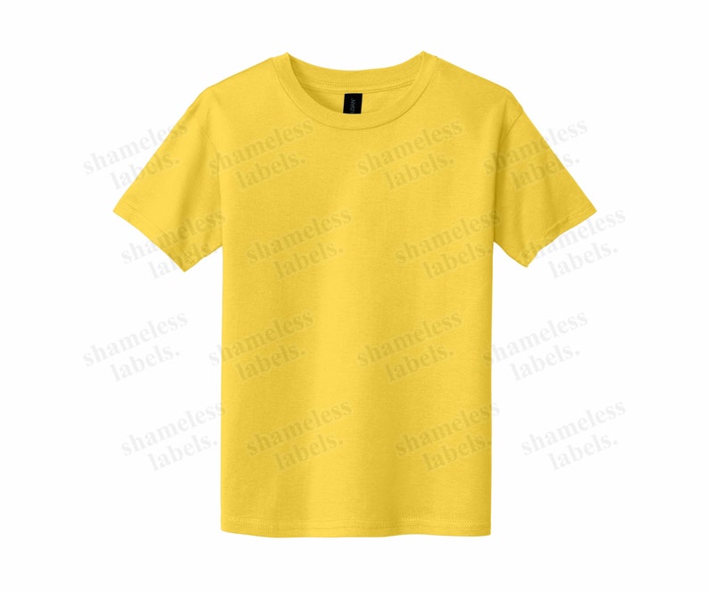 May include: A yellow short-sleeved t-shirt with the text "shameless labels." repeated across the front.
