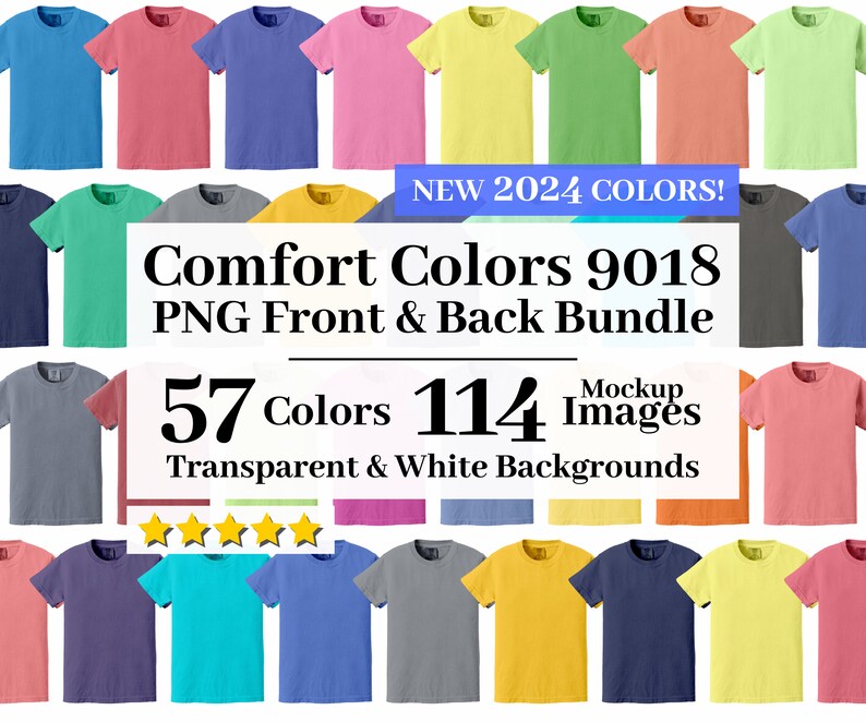May include: A collection of 57 different coloured t-shirts, with 114 images in total. The t-shirts are arranged in rows, with each row featuring a different colour. The t-shirts are all the same style, with short sleeves and a crew neck. The image includes the text "Comfort Colors 9018 PNG Front & Back Bundle" and "NEW 2024 COLORS!"