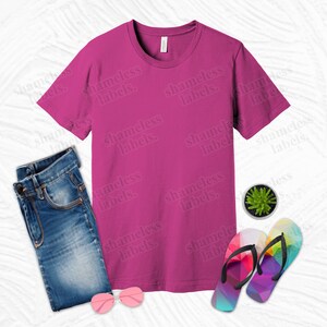 K&ouml;nnte beinhalten: Ein pinkfarbenes T-Shirt mit kurzen &Auml;rmeln und dem Text "shameless labels." wiederholt auf der Vorderseite. Das Shirt liegt flach auf einer wei&szlig;en Oberfl&auml;che mit einer blauen Jeans, einem Paar Regenbogen-Flip-Flops und einer kleinen Topfpflanze.