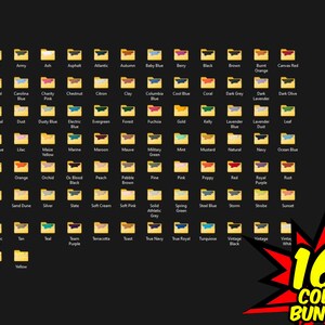 K&ouml;nnte beinhalten: Eine Tabelle mit 169 Farbmustern, die jeweils durch ein Ordnersymbol mit einer farbf&uuml;llenden Beschriftung dargestellt werden. Die Farben sind in Reihen und Spalten angeordnet, mit Beschriftungen f&uuml;r jede Farbe. Die Tabelle tr&auml;gt den Titel "169 Color Bundle!"