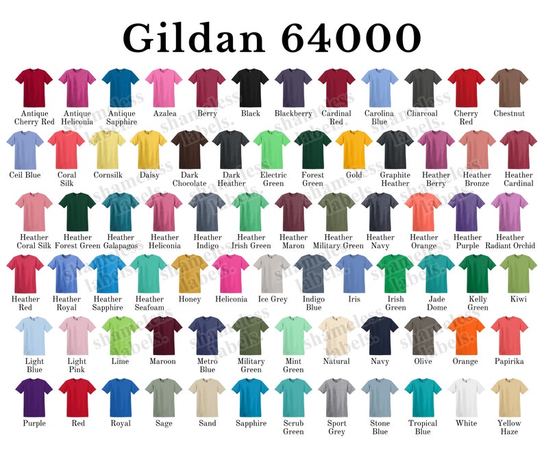 K&ouml;nnte beinhalten: Eine Auswahl an Gildan 64000 T-Shirts in verschiedenen Farben, darunter Antique Cherry Red, Schwarz und Carolina Blue. Jedes T-Shirt ist mit seinem Farbnamen beschriftet und bietet eine breite Palette. Der Text "Gildan 64000" befindet sich oben.