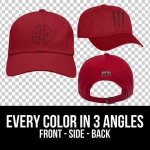 May include: Red baseball cap with a black logo on the front, a black stripe on the side, and a black label on the back. The cap is shown in three different angles: front, side, and back.