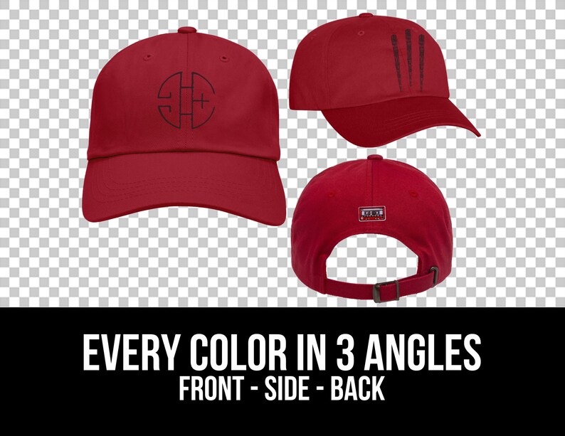 May include: Red baseball cap with a black logo on the front, a black stripe on the side, and a black label on the back. The cap is shown in three different angles: front, side, and back.