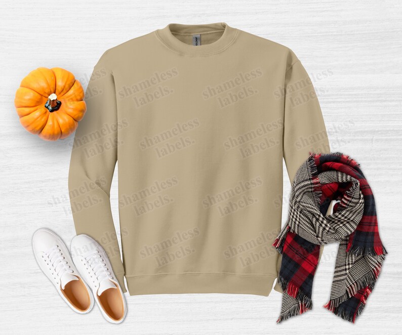 May include: A beige sweatshirt with the text "shameless labels." repeated on the front. The sweatshirt is laying flat on a white wooden surface with a pumpkin and a plaid scarf.