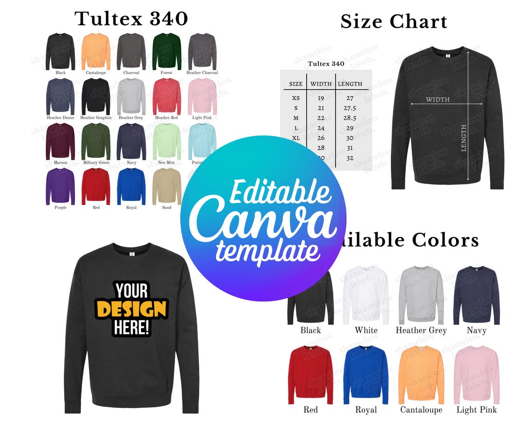 Editable Tultex 340 Color Chart & Size Chart, Canva Template, 340 Color ...