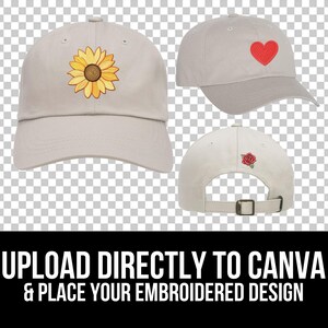 May include: Three blank baseball caps with different embroidered designs. The first cap has a yellow sunflower, the second has a red heart, and the third has a red rose.