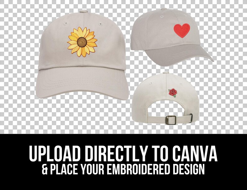 May include: Three blank baseball caps with different embroidered designs. The first cap has a yellow sunflower, the second has a red heart, and the third has a red rose.