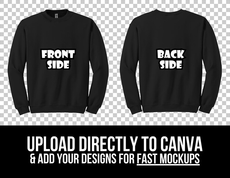 Może przedstawiać: Projekt graficzny czarnej bluzy z napisem "FRONT SIDE" z przodu i "BACK SIDE" z tyłu. Tekst jest biały i w pogrubionym kroju bezszeryfowym. Bluza znajduje się na przezroczystym tle.