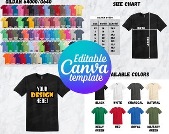 Editable Gildan 64000 Color Chart & Size Chart, Canva Template, G640 Color Chart Template, 64000 Size Chart, Mockup Bundle