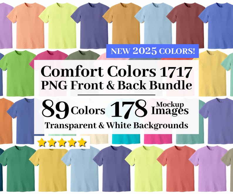 Pu&ograve; includere: Una collezione di magliette colorate in varie tonalit&agrave;, tra cui verde, blu e giallo. L'immagine presenta il testo "Comfort Colors 1717 PNG Front & Back Bundle" e "89 Colors 178 Mockup Images".