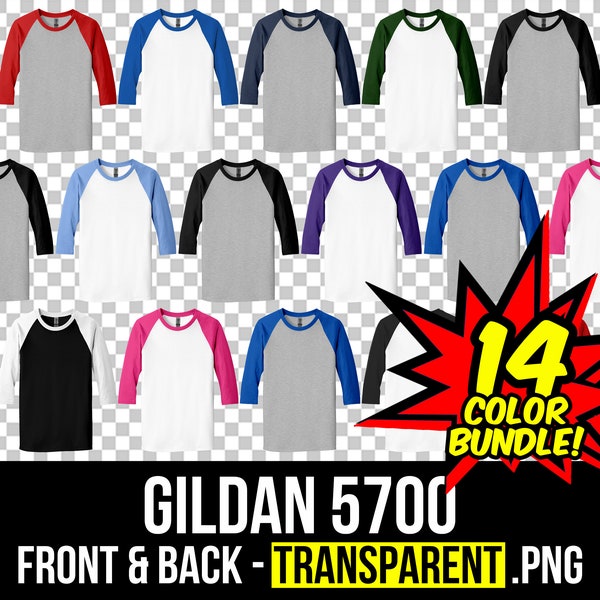 Gildan 5700 Front and Back Mockup Bundle, Raglan Sleeve T Shirt Mockup PNG, G570 Transparent, Front and Back 5700, Mock Up Bundle G570