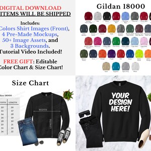 May include: A black Gildan 18000 sweatshirt with the text "YOUR DESIGN HERE!" printed on the front. The sweatshirt is shown on a model with jeans and sneakers. A size chart is included with width and length measurements in inches for sizes S through 5XL.