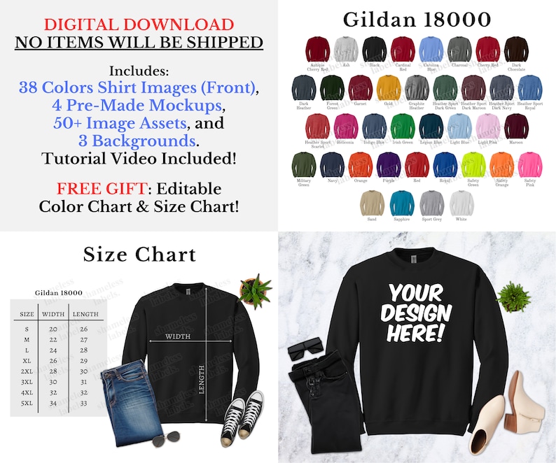 May include: A black Gildan 18000 sweatshirt with the text "YOUR DESIGN HERE!" printed on the front. The sweatshirt is shown on a model with jeans and sneakers. A size chart is included with width and length measurements in inches for sizes S through 5XL.