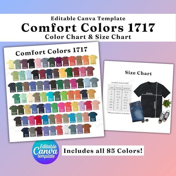 Comfort Colors 1717 Color & Size Chart, EDITABLE Canva Template, 1717 Color Chart, 1717 Size Chart
