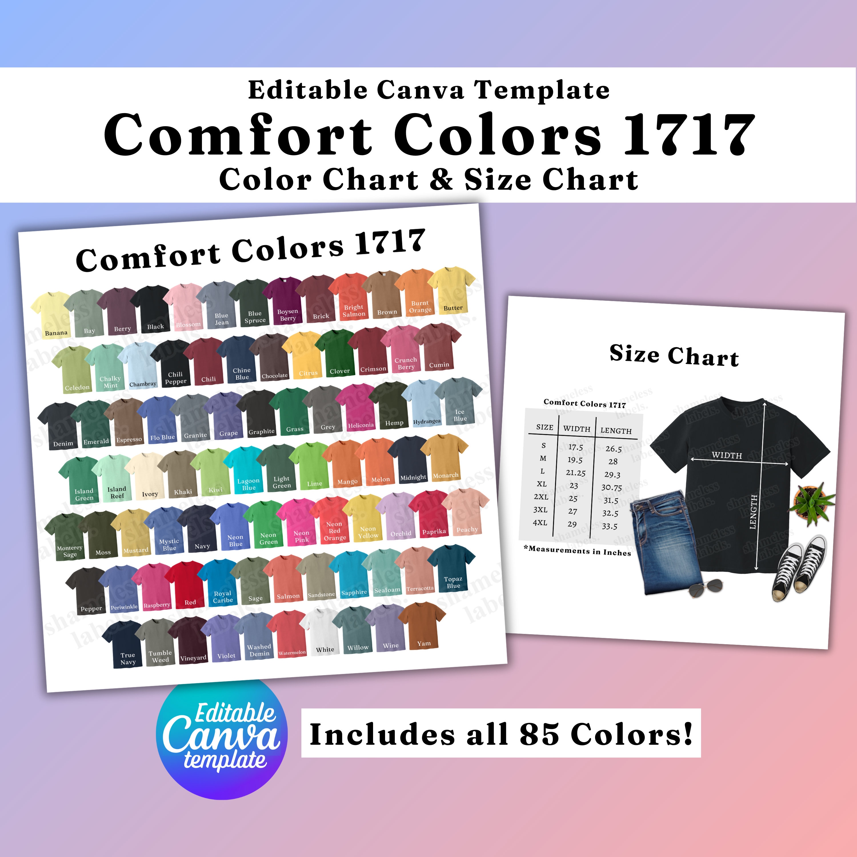 Comfort Colors 1717 Color & Size Chart, EDITABLE Canva Template, 1717 Color Chart, 1717 Size Chart