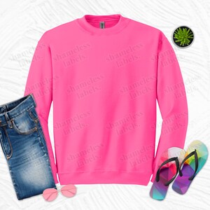May include: A bright pink sweatshirt with the words "shameless labels." repeated in a pattern across the front.