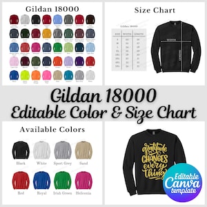 Gildan 18000 Farbkarte & Größentabelle, bearbeitbare Canva-Vorlage, G180 Farbkarte, G180 Größentabelle, Gildan 18000 Bundle