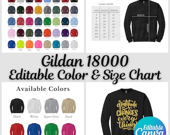 Gildan 18000 Color Chart & Size Chart, Editable Canva Template, G180 Color Chart, G180 Size Chart, Gildan 18000 Bundle