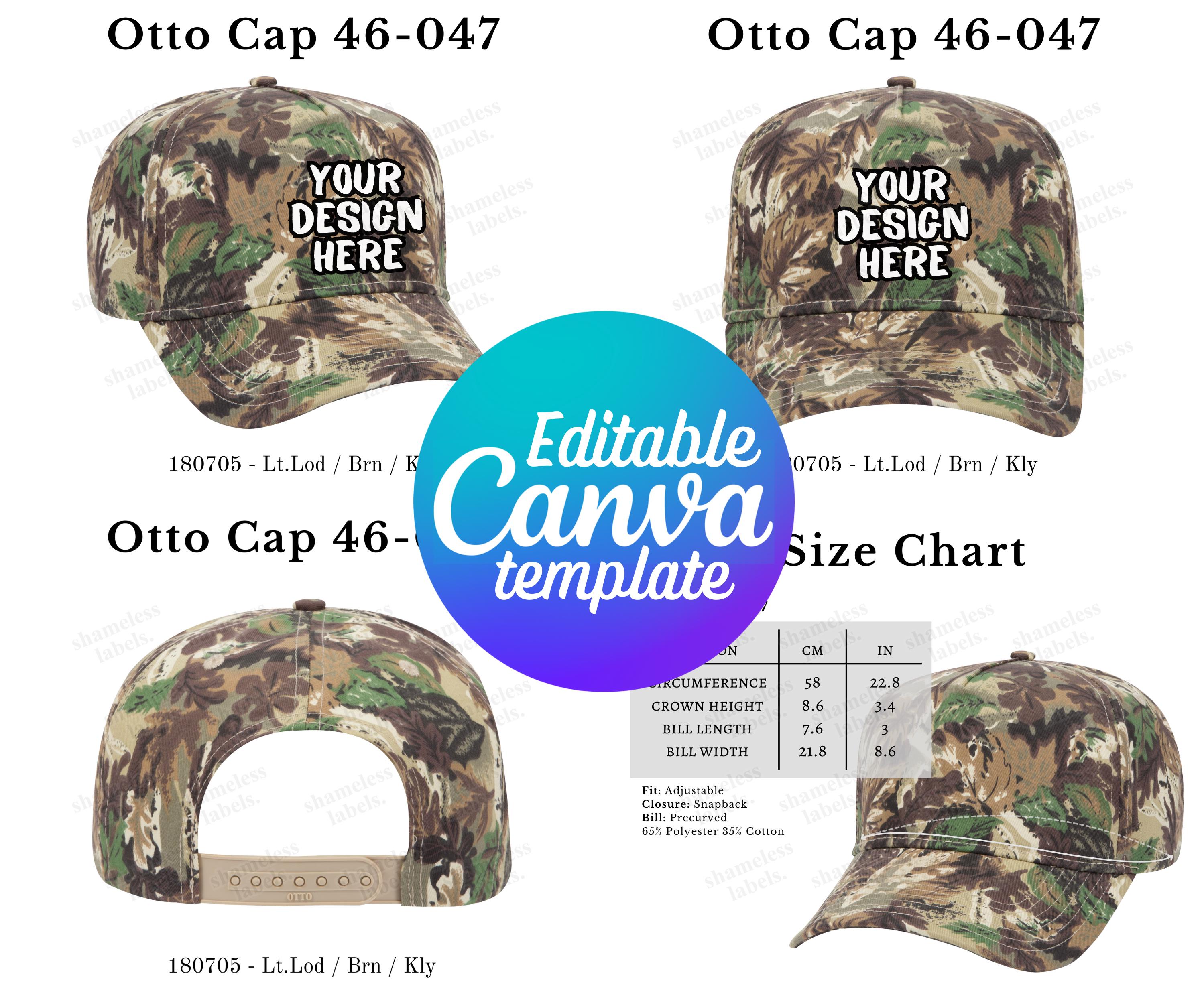 Editable Otto Cap 46-047 Size Chart, Camo Hat Mockup, 46-047 Color Chart Template, Otto Cap 46-047 Size Chart, Camouflage Hat Mockup