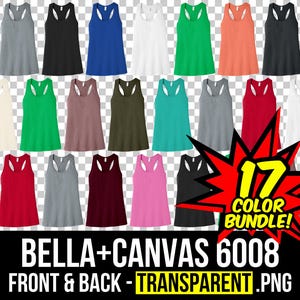 Può includere: Un mockup di 17 canottiere di diversi colori, Bella + Canvas 6008, davanti e dietro, su uno sfondo trasparente. Il testo "17 Color Bundle!" è in un'esplosione di stelle rossa.