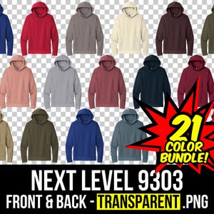 May include: A set of 21 color variations of a hooded sweatshirt mockup. The sweatshirts are shown in a variety of colors, including red, blue, green, and black. The text "NEXT LEVEL 9303" and "FRONT & BACK - TRANSPARENT .PNG" is displayed at the bottom of the image.