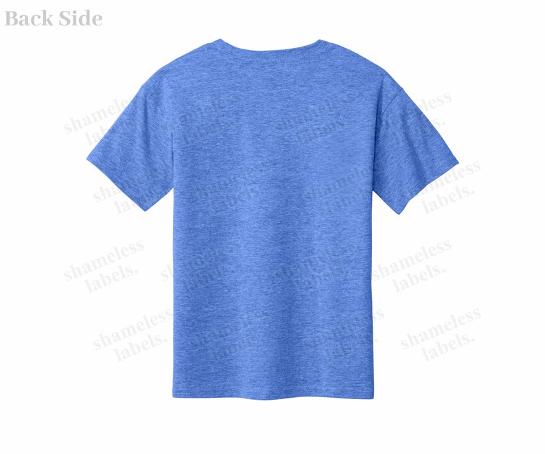 May include: A plain blue short-sleeved t-shirt. The back of the shirt is blank.