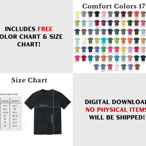 May include: A size chart for t-shirts in sizes S to 4XL, with measurements in inches for width and length. The chart is labeled "Comfort Colors 1717". A black t-shirt is shown with the words "WIDTH" and "LENGTH" labeled on it.