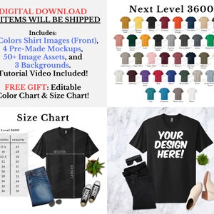 May include: Digital download graphic design resources for t-shirts. Includes 38 shirt colors, mockups, image assets, and backgrounds. A size chart is included, with measurements in inches. The text "YOUR DESIGN HERE!" is visible on a black t-shirt.