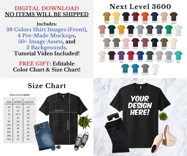 May include: Digital download graphic design resources for t-shirts. Includes 38 shirt colors, mockups, image assets, and backgrounds. A size chart is included, with measurements in inches. The text "YOUR DESIGN HERE!" is visible on a black t-shirt.