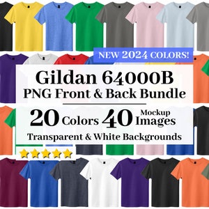 May include: A mockup image set of 20 different colored Gildan 64000B t-shirts. The t-shirts are shown in front and back views with transparent and white backgrounds. The image includes the text "NEW 2024 COLORS!" and "20 Colors 40 Images".