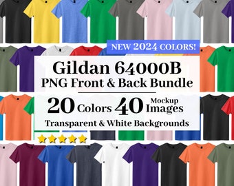 Gildan 64000B PNG Mockup Bundle, Transparent + White Backgrounds, All 20 Colors High Resolution, T-shirt Mockups G640B