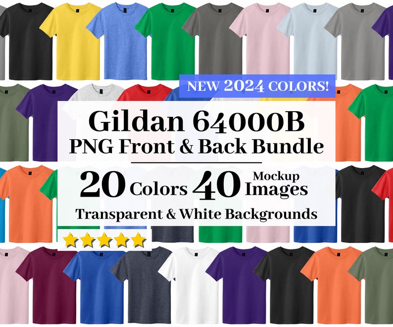 May include: A mockup image set of 20 different coloured Gildan 64000B t-shirts. The t-shirts are shown in front and back views with transparent and white backgrounds. The image includes the text "NEW 2024 COLORS!" and "20 Colours 40 Images".