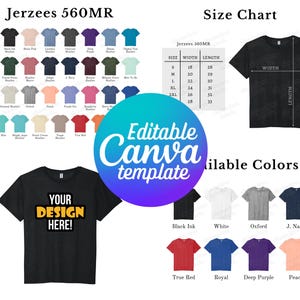 May include: A black t-shirt with the text "Your Design Here!" in yellow. The t-shirt is a Jerzees 560MR, available in a variety of colors, including black ink, white, oxford, navy, true red, royal, deep purple, and peach. The size chart shows the width and length measurements in inches for sizes S, M, L, XL, 2XL, and 3XL.