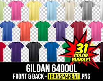 May include: A collection of 31 colorful Gildan 64000L t-shirts in various hues, including pink, yellow, blue, and green. The image showcases the front and back of the shirts, with a transparent background. Text reads "31 COLOR BUNDLE!" and "GILDAN 64000L FRONT & BACK - TRANSPARENT .PNG".