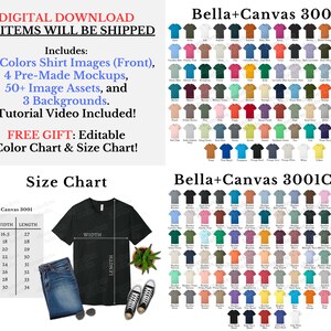 K&ouml;nnte beinhalten: Eine Gr&ouml;&szlig;entabelle f&uuml;r Bella + Canvas 3001 T-Shirts, die die Breite und L&auml;nge f&uuml;r jede Gr&ouml;&szlig;e von XS bis 4XL zeigt. Die Tabelle wird neben einem schwarzen T-Shirt mit V-Ausschnitt, Jeans und Sneakers angezeigt. Das Bild enth&auml;lt auch eine Farbpalette mit 169 verschiedenen Farben f&uuml;r das Bella + Canvas 3001 T-Shirt.