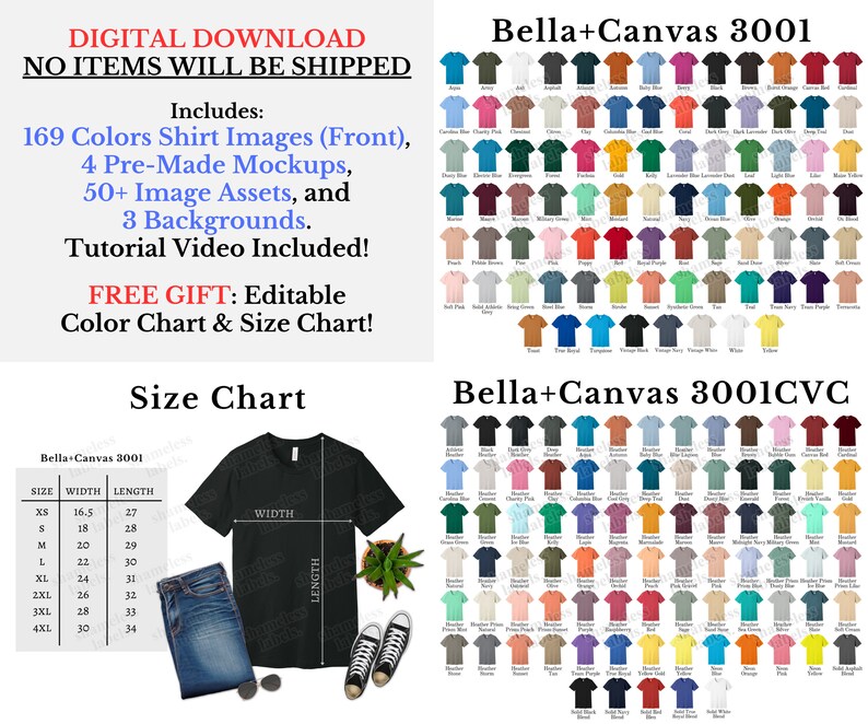 K&ouml;nnte beinhalten: Eine Gr&ouml;&szlig;entabelle f&uuml;r Bella + Canvas 3001 T-Shirts, die die Breite und L&auml;nge f&uuml;r jede Gr&ouml;&szlig;e von XS bis 4XL zeigt. Die Tabelle wird neben einem schwarzen T-Shirt mit V-Ausschnitt, Jeans und Sneakers angezeigt. Das Bild enth&auml;lt auch eine Farbpalette mit 169 verschiedenen Farben f&uuml;r das Bella + Canvas 3001 T-Shirt.