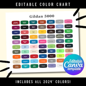 Editable Gildan 5000 Color Chart, All 70 Colors, Gildan G500 Color Chart, Gildan Canva Template, 5000 Color Chart